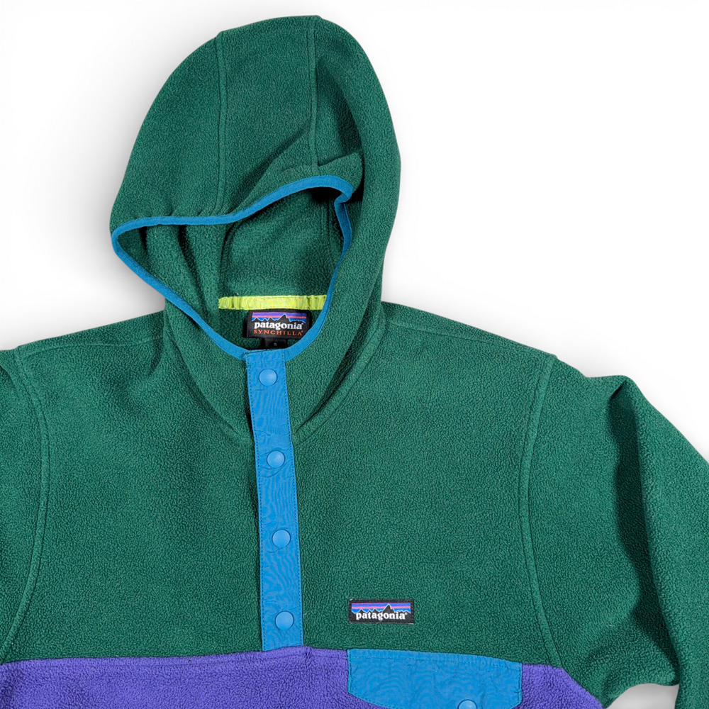 Patagonia Synchilla Sweater Mens SMALL Green Colorblock Hoodie Fleece Pullover - Picture 2 of 11